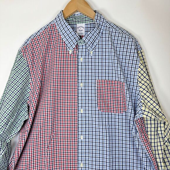 Brooks Brothers Mens XL Patchwork Check Button Down Shirt Multicolor Gingham - Picture 2 of 16